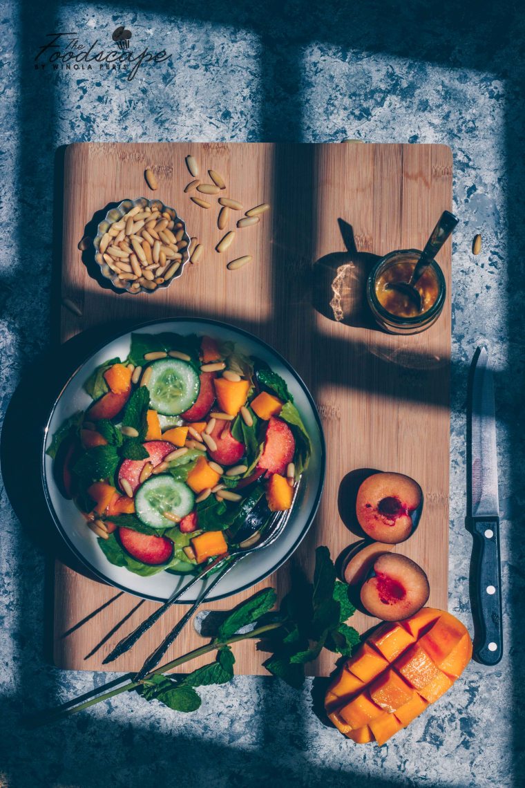 Plum & Mango Salad, Summer Salad, Salad Recipe, Mango Salad, Plum Salad, Stonefruit Salad, Dijon Mustard, Honey Salad Dressing, Summer Salad Recipe, GLuten Free, Vegan, Healthy Salad, Healthy Dinner Recipe, #food #vegan #glutenfree #healthyfood #healthydinner